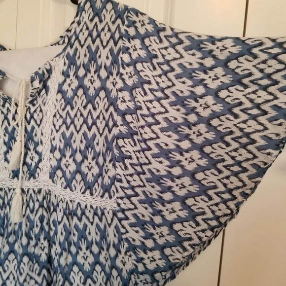 Beachlunchlounge blue white tassel tie neckline flutter sleeve SZ Med - Picture 4 of 5